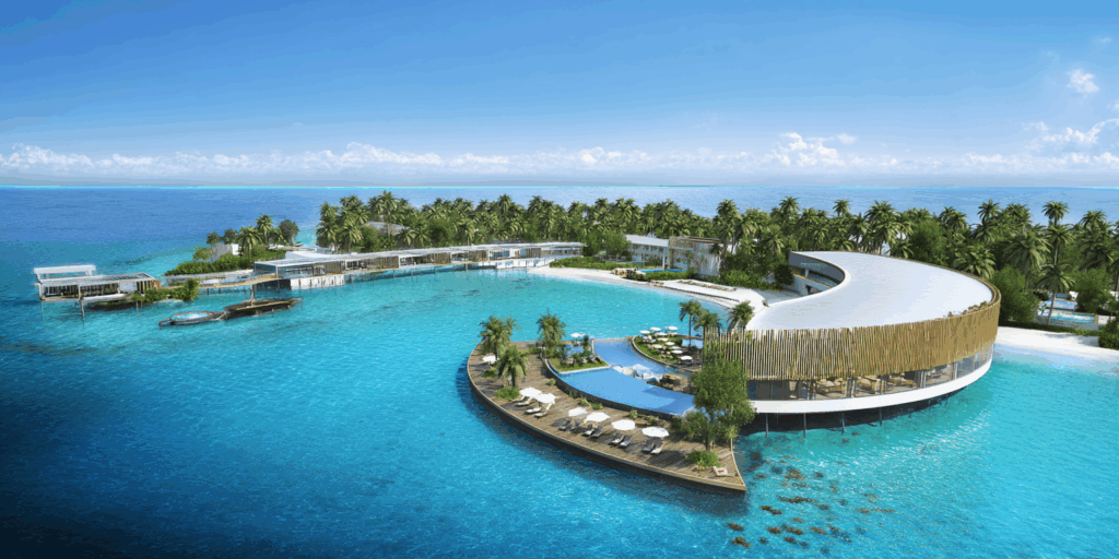Aerial rendering of luxury villas over water in the Maldives